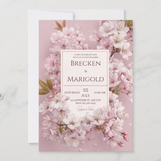 Invitation Mariage Cadre Doré Fleur de Cerisier Rose Luxurian (Devant)