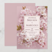 Invitation Mariage Cadre Doré Fleur de Cerisier Rose Luxurian (Devant / Derrière)