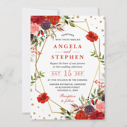 Invitation Mariage cadre doré fleurs automnales aquarelle boh (Devant)