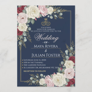 Invitation Mariage Cadre Doré Fleurs Bordeaux Rouge Bleu Mari