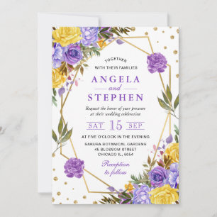 Invitation Mariage cadre doré fleurs de printemps aquarelle b