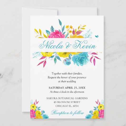 Invitation Mariage Cadre Doré Fleurs d'Été Aquarelle Bohème (Devant)
