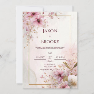 Invitation Mariage Cadre Doré Fleurs Rose Romantique