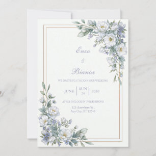 Invitation Mariage Cadre Doré Floral Blanc Sauge Lavande
