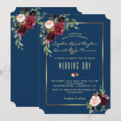 Invitation Mariage cadre doré floral bordeaux marine (Devant / Derrière)
