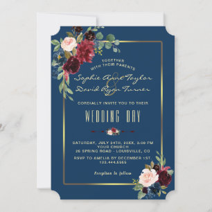 Invitation Mariage cadre doré floral bordeaux marine