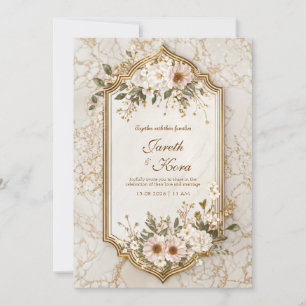 Invitation Mariage Cadre Doré Marbre Floral Rouge aux Joues