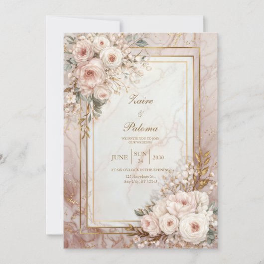 Invitation Mariage Cadre Doré Marbre Rose Fardé (Devant)