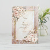 Invitation Mariage Cadre Doré Marbre Rose Fardé (Debout devant)