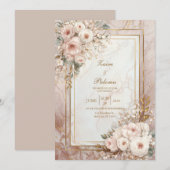 Invitation Mariage Cadre Doré Marbre Rose Fardé (Devant / Derrière)