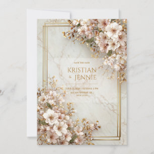 Invitation Mariage Cadre Doré Marbre Sakura Rouge aux Joues