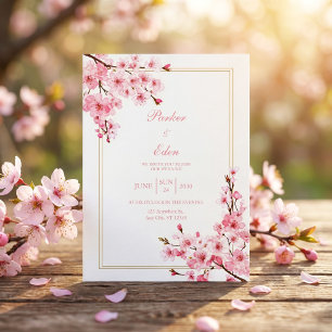 Invitation Mariage Cadre Doré Romantique Cerisier Rose