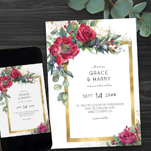 Invitation Mariage Cadre Doré Rose Rouge et Eucalyptus