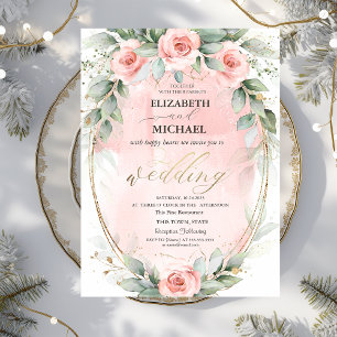 Invitation Mariage Cadre Doré Roses Roses Roses Fushia Élégan
