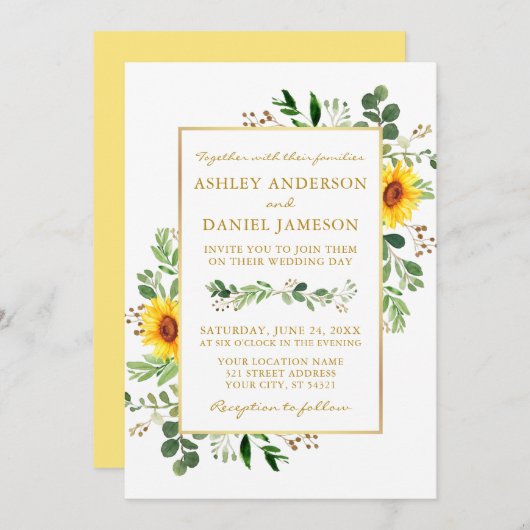Invitation Mariage Cadre Doré Tournesols Végétal Aquarelle (Devant / Derrière)
