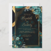 Invitation Mariage Cadre Floral Agate Sarcelle Or (Devant)