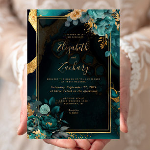 Invitation Mariage Cadre Floral Agate Sarcelle Or