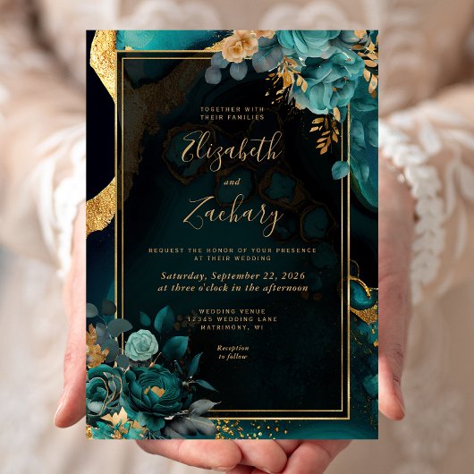 Invitation Mariage Cadre Floral Agate Sarcelle Or