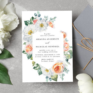 Invitation Mariage cadre floral aquarelle pêche et blanc