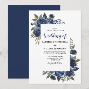 Invitation Mariage Cadre Floral Bleu Élégant
