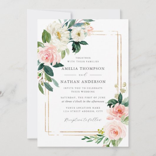 Invitation Mariage Cadre Floral Rose Doré (Devant)