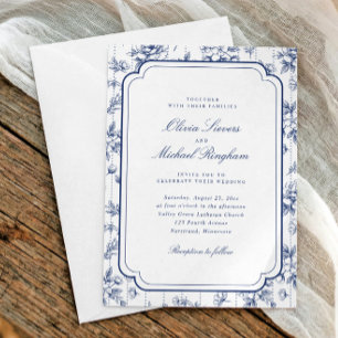 Invitation Mariage cadre floral toile bleu marine vintage