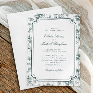 Invitation Mariage cadre floral toile vert émeraude vintage