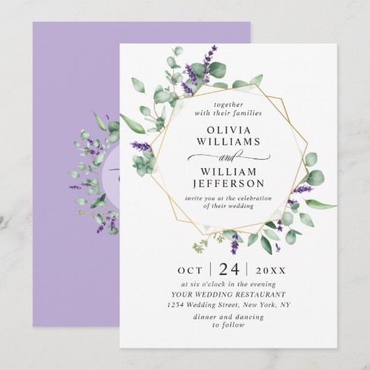Invitation Mariage Cadre Géométrique Feuillage Eucalyptus Mod (Devant / Derrière)