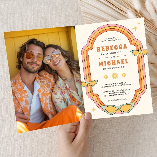 Invitation Mariage Cadre Groovy Coloré Rétro Bohème des Année