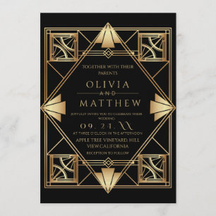 Invitation Mariage Cadre Noir Or Art Déco