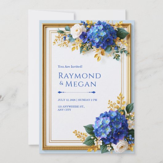 Invitation Mariage cadre or hydrangea bleu irisé (Devant)