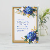 Invitation Mariage cadre or hydrangea bleu irisé (Debout devant)