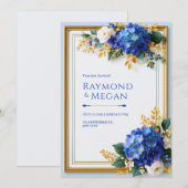 Invitation Mariage cadre or hydrangea bleu irisé (Devant / Derrière)