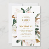 Invitation Mariage cadre or magnolias blanc (Devant)