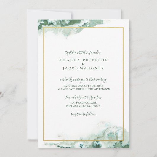 Invitation Mariage cadre or Ombre en marbre vert (Devant)