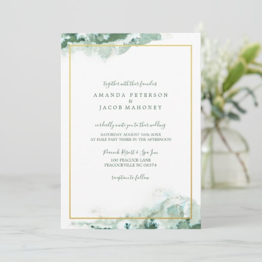 Invitation Mariage cadre or Ombre en marbre vert (Debout devant)