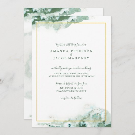 Invitation Mariage cadre or Ombre en marbre vert (Devant / Derrière)