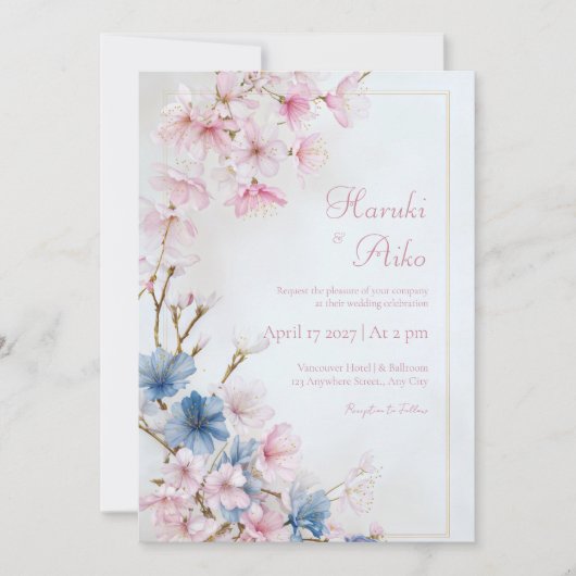 Invitation Mariage Cadre Or Sakura Romantique Rose Bleu Profo (Devant)