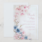 Invitation Mariage Cadre Or Sakura Romantique Rose Bleu Profo (Devant / Derrière)