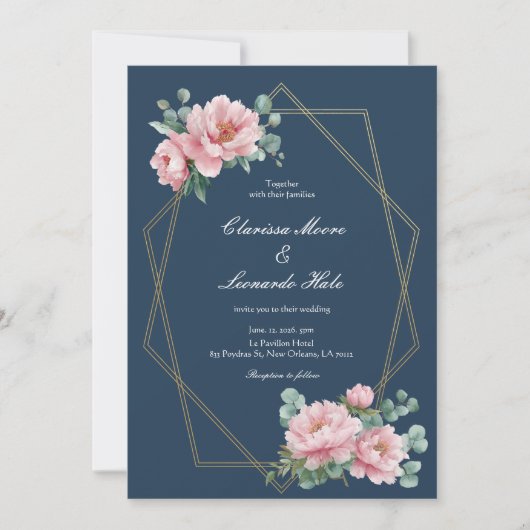 Invitation Mariage Cadre Oré Rose Navy (Devant)