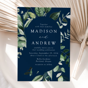 Invitation Mariage cadre ovale bleu marine avec une végétatio