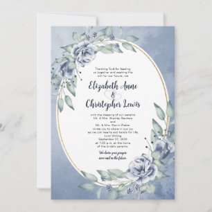 Invitation Mariage cadre ovale floral aquarelle bleu élégant