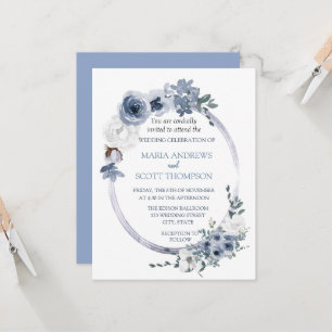 Invitation Mariage cadre ovale floral blanc bleu poussiéreux