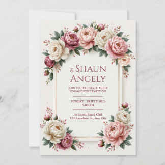 Invitation Mariage cadre rose doré et pivoine ivoire rose ten