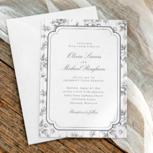 Invitation Mariage cadre toile florale grise vintage français