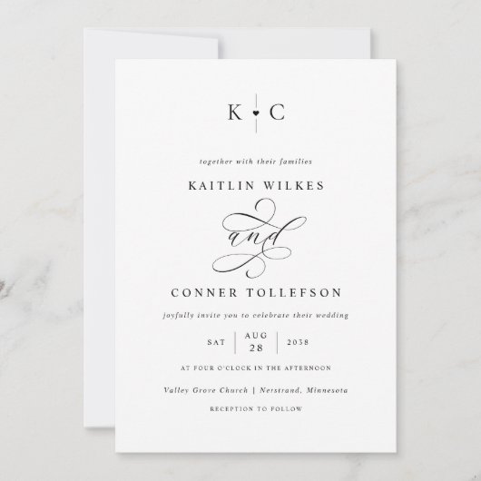 Invitation Mariage calligraphié au monogramme romantique (Devant)