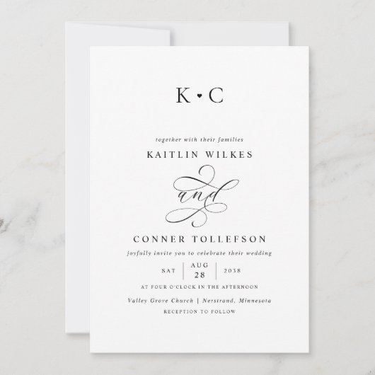 Invitation Mariage calligraphié au monogramme romantique (Devant)