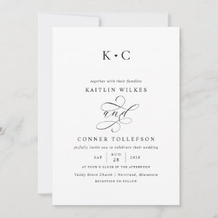 Invitation Mariage calligraphié au monogramme romantique