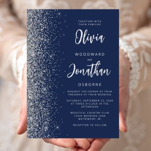 Invitation Mariage Calligraphié Bleu Nuit Argent Paillettes