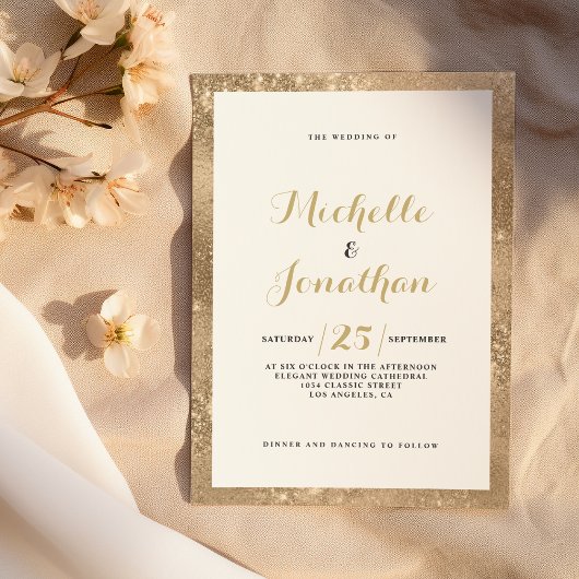 Invitation Mariage calligraphié cadre scintillant or glamour